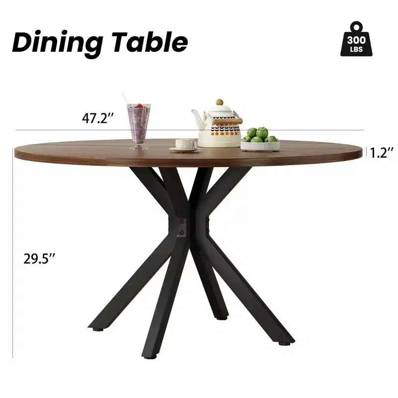 Table à manger Okak Mid-Century pour 4 à 6 personnes, table ronde avec pieds croisés en métal, table à dîner pour salon, salle à manger, cuisine