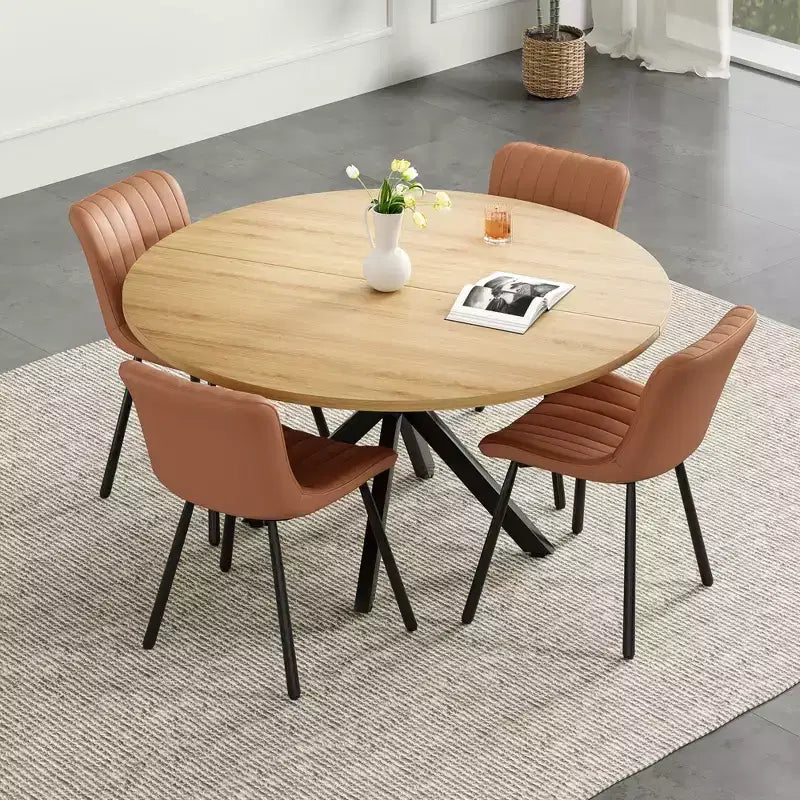 Table à manger Okak Mid-Century pour 4 à 6 personnes, table ronde avec pieds croisés en métal, table à dîner pour salon, salle à manger, cuisine