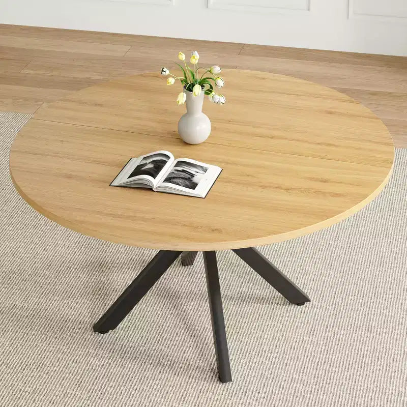 Table à manger Okak Mid-Century pour 4 à 6 personnes, table ronde avec pieds croisés en métal, table à dîner pour salon, salle à manger, cuisine