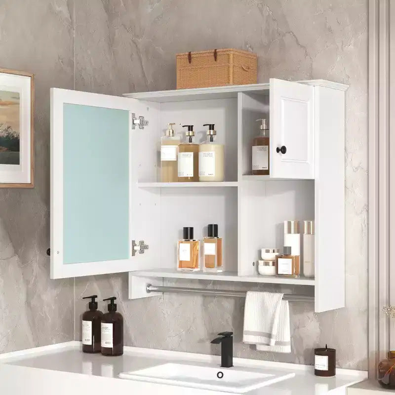 Meuble de salle de bain mural rectangulaire FAMYYT 30 po L x 27 po H en MDF avec miroir, étagères réglables, barre porte-serviettes, blanc