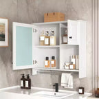 Meuble de salle de bain mural rectangulaire FAMYYT 30 po L x 27 po H en MDF avec miroir, étagères réglables, barre porte-serviettes, blanc