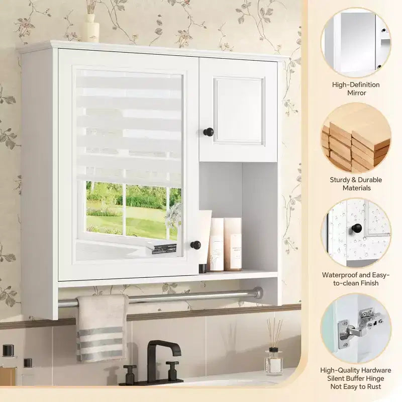 Meuble de salle de bain mural rectangulaire FAMYYT 30 po L x 27 po H en MDF avec miroir, étagères réglables, barre porte-serviettes, blanc