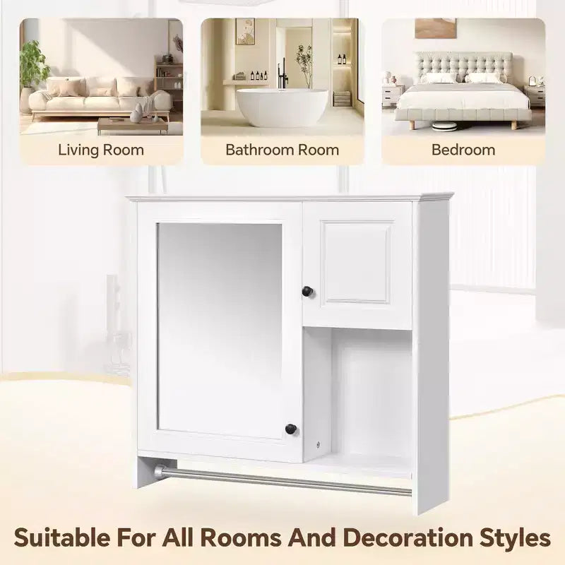 Meuble de salle de bain mural rectangulaire FAMYYT 30 po L x 27 po H en MDF avec miroir, étagères réglables, barre porte-serviettes, blanc