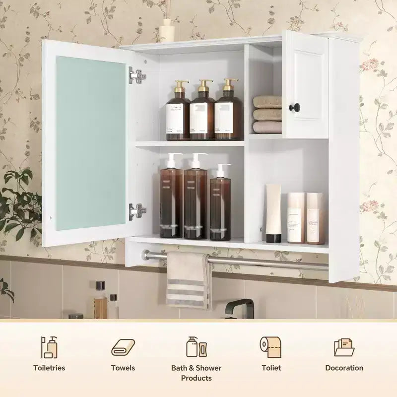 Meuble de salle de bain mural rectangulaire FAMYYT 30 po L x 27 po H en MDF avec miroir, étagères réglables, barre porte-serviettes, blanc