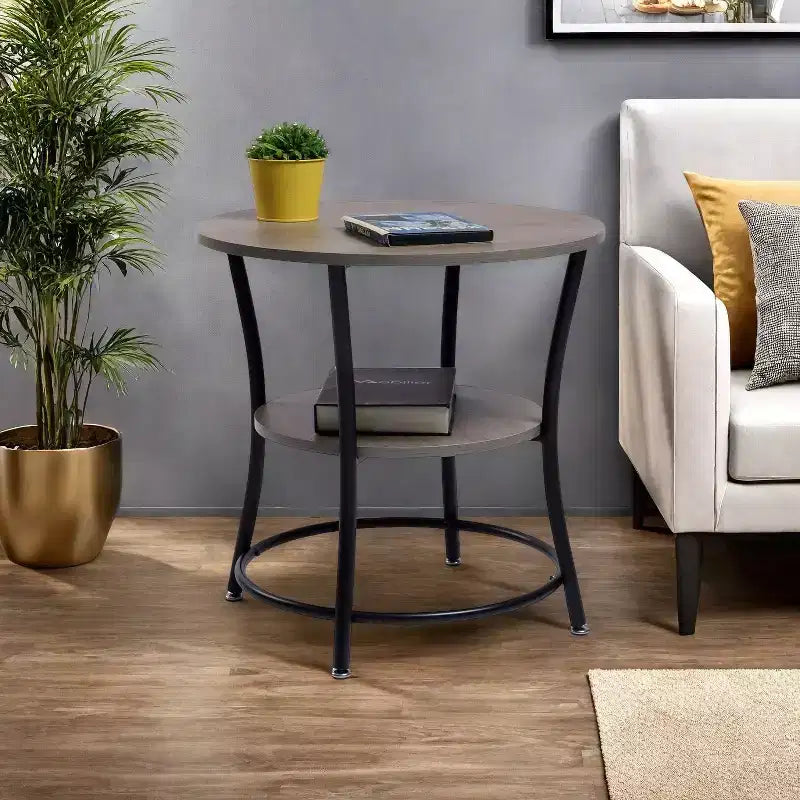 Table d'appoint ronde à 2 niveaux FurnitureR, 55 cm, table d'appoint pour canapé, salon ou chambre, cadre en métal et plateau en bois MDF, montage facile, 1 pièce, marron
