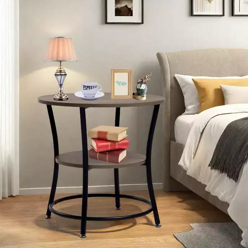 Table d'appoint ronde à 2 niveaux FurnitureR, 55 cm, table d'appoint pour canapé, salon ou chambre, cadre en métal et plateau en bois MDF, montage facile, 1 pièce, marron