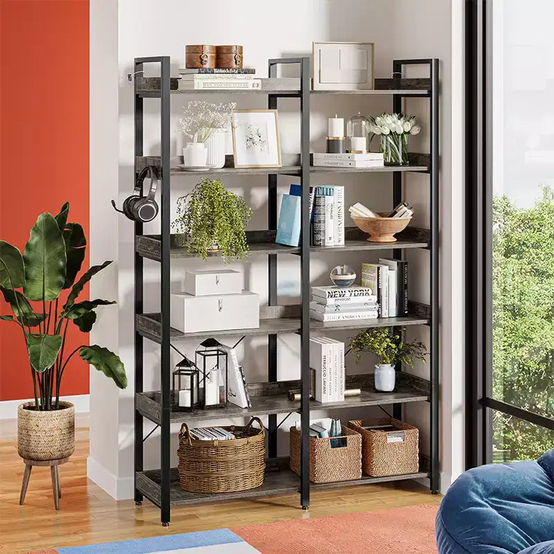 Greenstell 6-Tier Rustic Vintage Open Shelf Bookshelf with 4 Hooks, 67 Inch