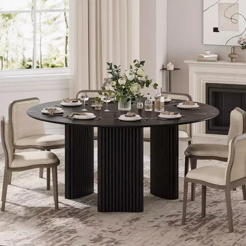 PexFix 60 Table à manger ronde moderne avec pieds de colonne rayés Table de cuisine en bois massif Patins anti-rayures pour salle à manger et bar de cuisine en noir
