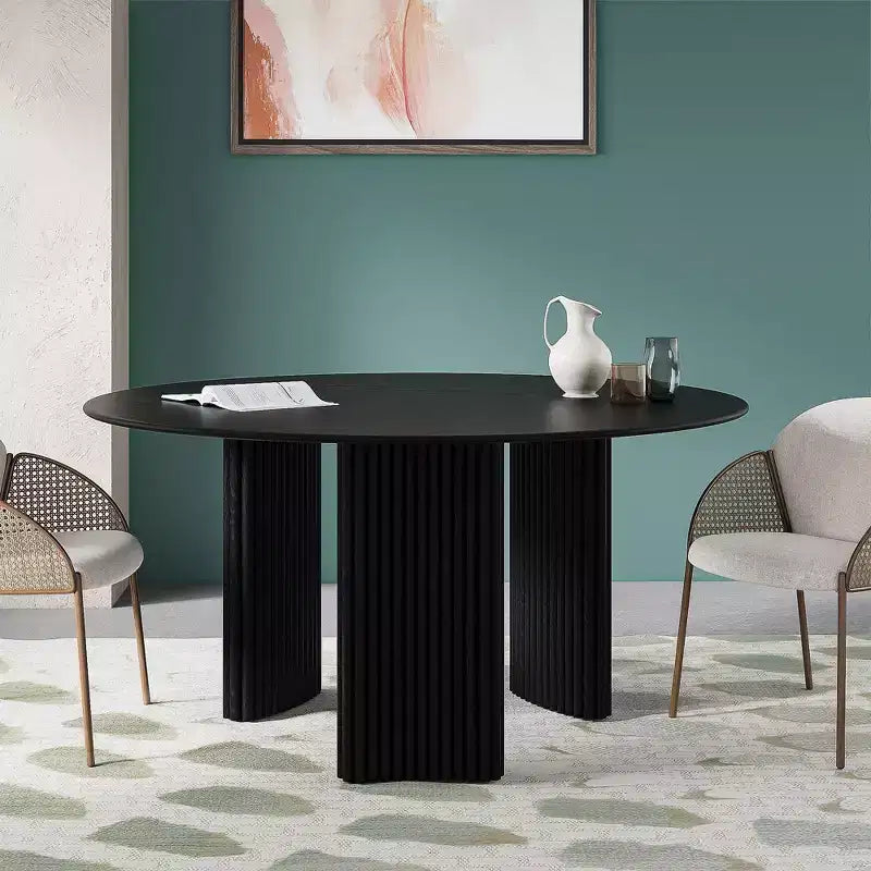 PexFix 60 Table à manger ronde moderne avec pieds de colonne rayés Table de cuisine en bois massif Patins anti-rayures pour salle à manger et bar de cuisine en noir