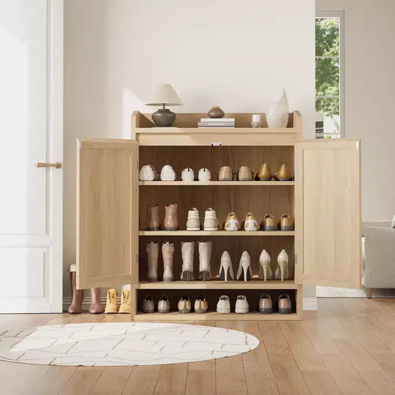 Meuble à chaussures 2 portes, 5 étagères avec étagères réglables, organisateur en bois pour entrée, couloir, salon