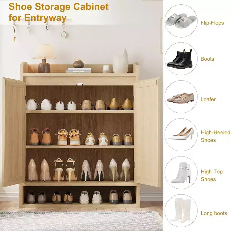 Meuble à chaussures 2 portes, 5 étagères avec étagères réglables, organisateur en bois pour entrée, couloir, salon