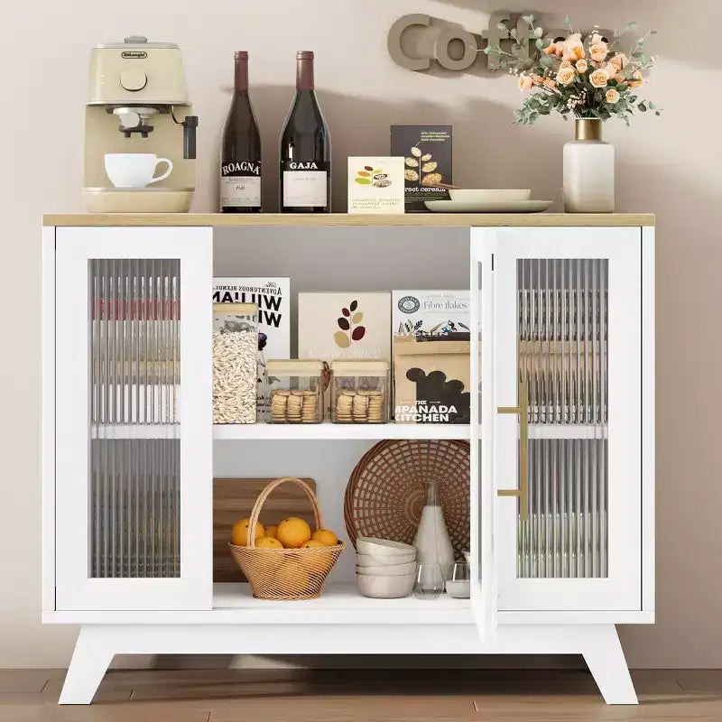 Buffet, Meuble de Rangement Buffet avec Étagères Réglables et Porte en Verre Cannelé, Bar à Café Moderne, Table pour Cuisine, Salle à Manger