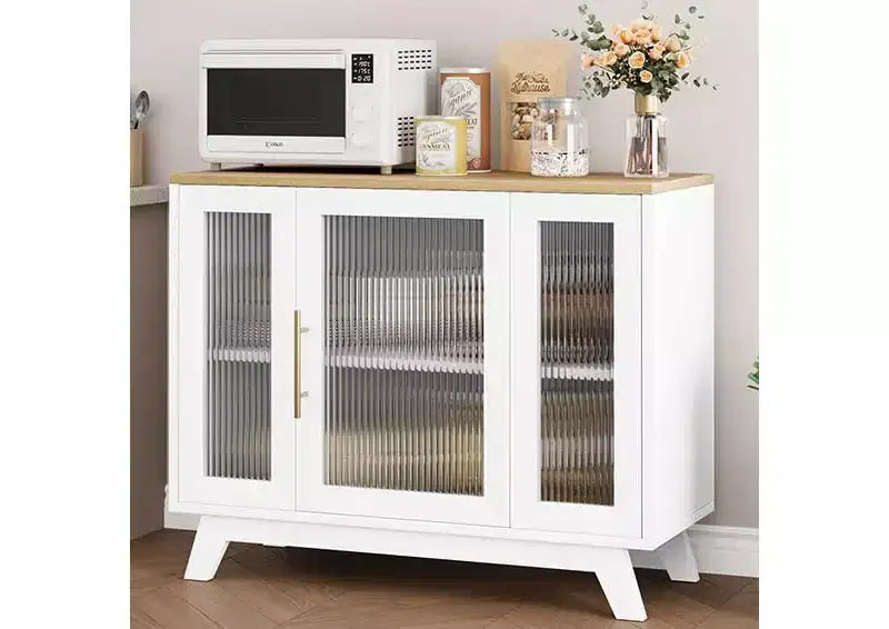 Buffet, Meuble de Rangement Buffet avec Étagères Réglables et Porte en Verre Cannelé, Bar à Café Moderne, Table pour Cuisine, Salle à Manger