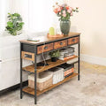 FurnitureR 43.3 Console Table with Power Outlets & USB Ports, 3-Tier Narrow Sofa Entryway Table with 3 Fabric Drawers & Open Shelves, Brown