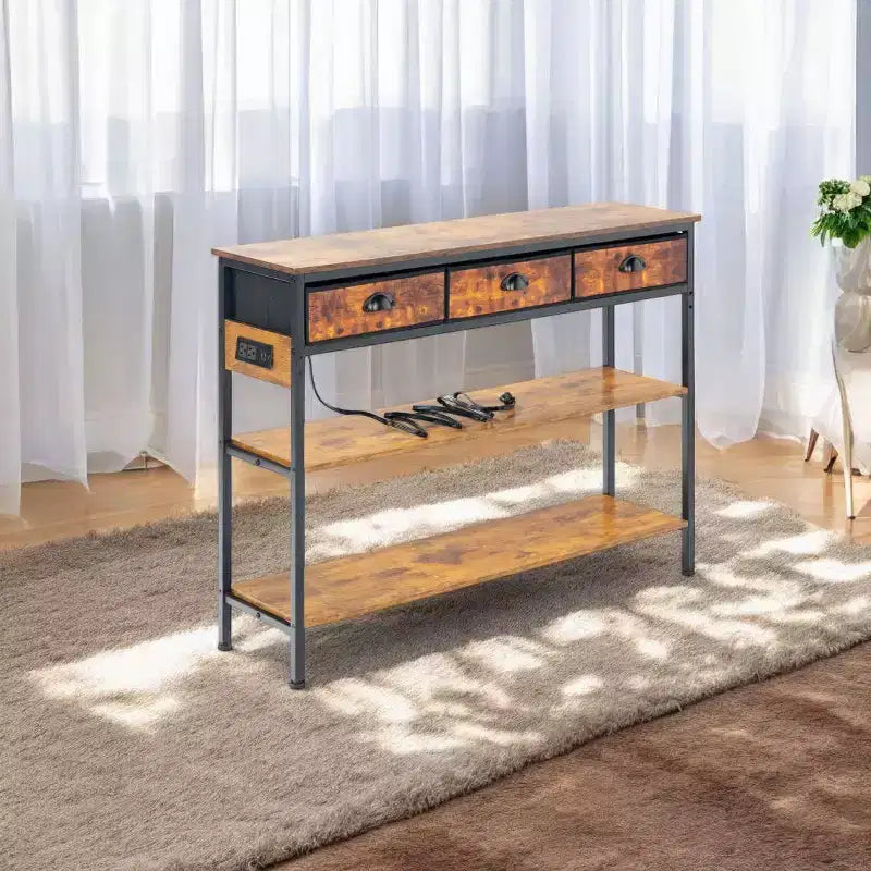 FurnitureR Table console de 110 cm avec prises électriques et ports USB, table d'entrée étroite à 3 niveaux avec 3 tiroirs en tissu et étagères ouvertes, marron