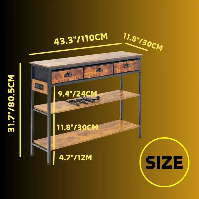 FurnitureR Table console de 110 cm avec prises électriques et ports USB, table d'entrée étroite à 3 niveaux avec 3 tiroirs en tissu et étagères ouvertes, marron