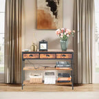 FurnitureR Table console de 110 cm avec prises électriques et ports USB, table d'entrée étroite à 3 niveaux avec 3 tiroirs en tissu et étagères ouvertes, marron