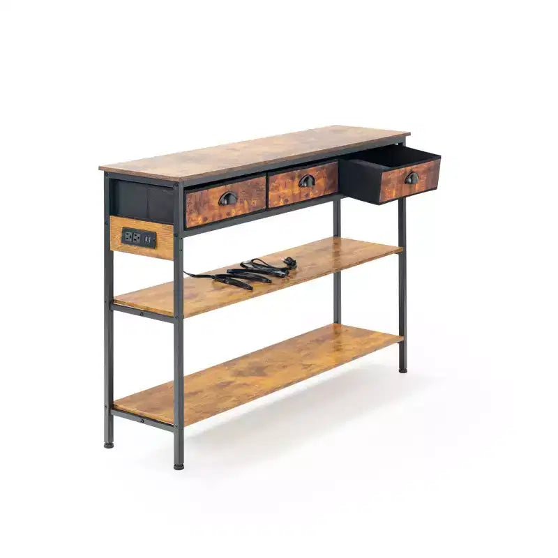 FurnitureR Table console de 110 cm avec prises électriques et ports USB, table d'entrée étroite à 3 niveaux avec 3 tiroirs en tissu et étagères ouvertes, marron