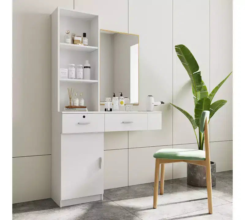 Coiffeuse blanche moderne et simple, rangement multi-niveaux, grand espace de rangement