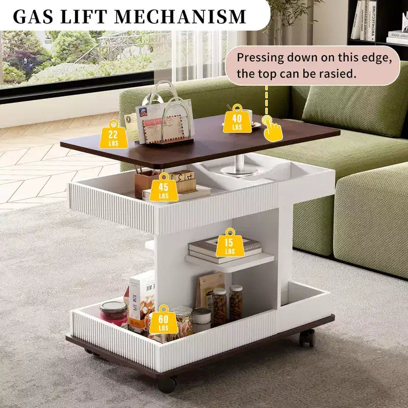 Table d'appoint moderne Okak avec roulettes, table d'appoint multifonctionnelle avec plateau relevable réglable à 360° et rangement, table d'appoint pour salon