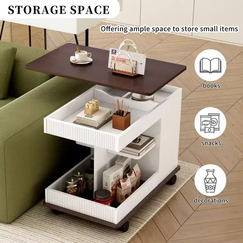 Table d'appoint moderne Okak avec roulettes, table d'appoint multifonctionnelle avec plateau relevable réglable à 360° et rangement, table d'appoint pour salon