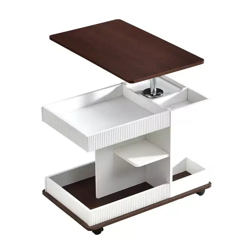 Table d'appoint moderne Okak avec roulettes, table d'appoint multifonctionnelle avec plateau relevable réglable à 360° et rangement, table d'appoint pour salon