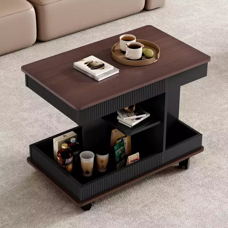 Table d'appoint moderne Okak avec roulettes, table d'appoint multifonctionnelle avec plateau relevable réglable à 360° et rangement, table d'appoint pour salon