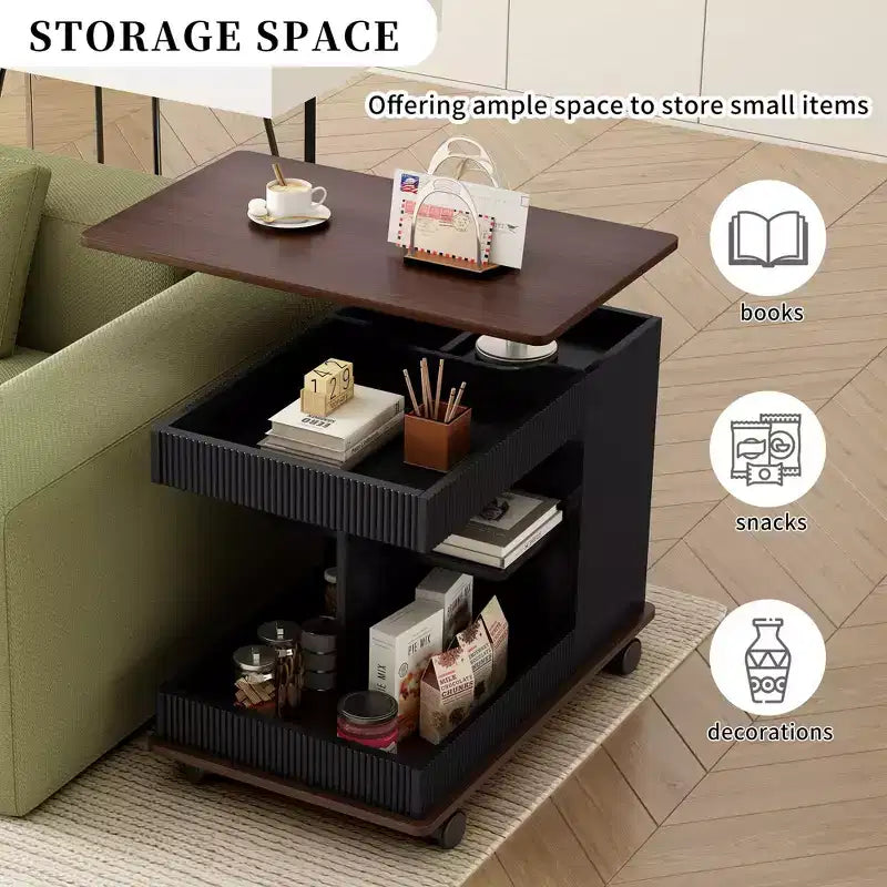 Table d'appoint moderne Okak avec roulettes, table d'appoint multifonctionnelle avec plateau relevable réglable à 360° et rangement, table d'appoint pour salon