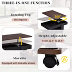 Table d'appoint moderne Okak avec roulettes, table d'appoint multifonctionnelle avec plateau relevable réglable à 360° et rangement, table d'appoint pour salon