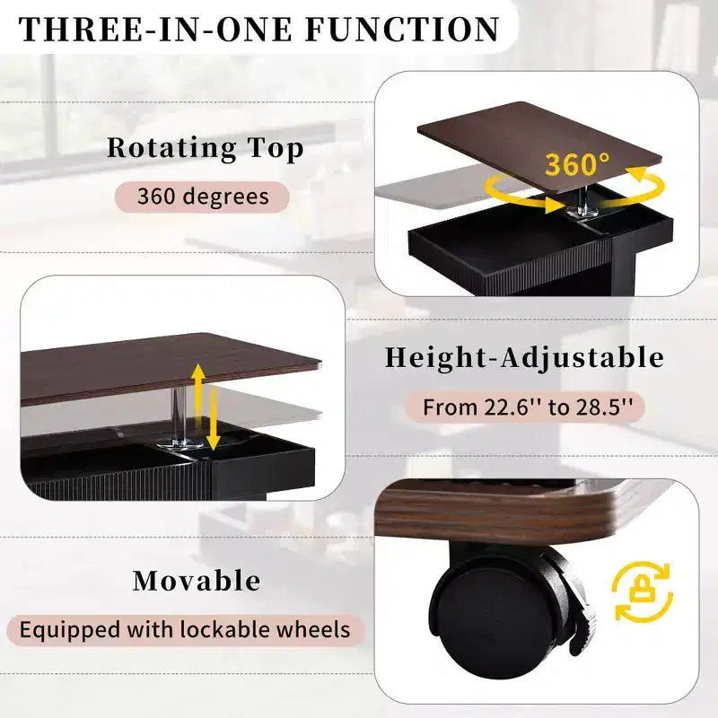 Table d'appoint moderne Okak avec roulettes, table d'appoint multifonctionnelle avec plateau relevable réglable à 360° et rangement, table d'appoint pour salon