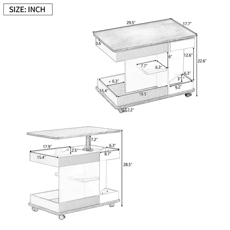 Table d'appoint moderne Okak avec roulettes, table d'appoint multifonctionnelle avec plateau relevable réglable à 360° et rangement, table d'appoint pour salon