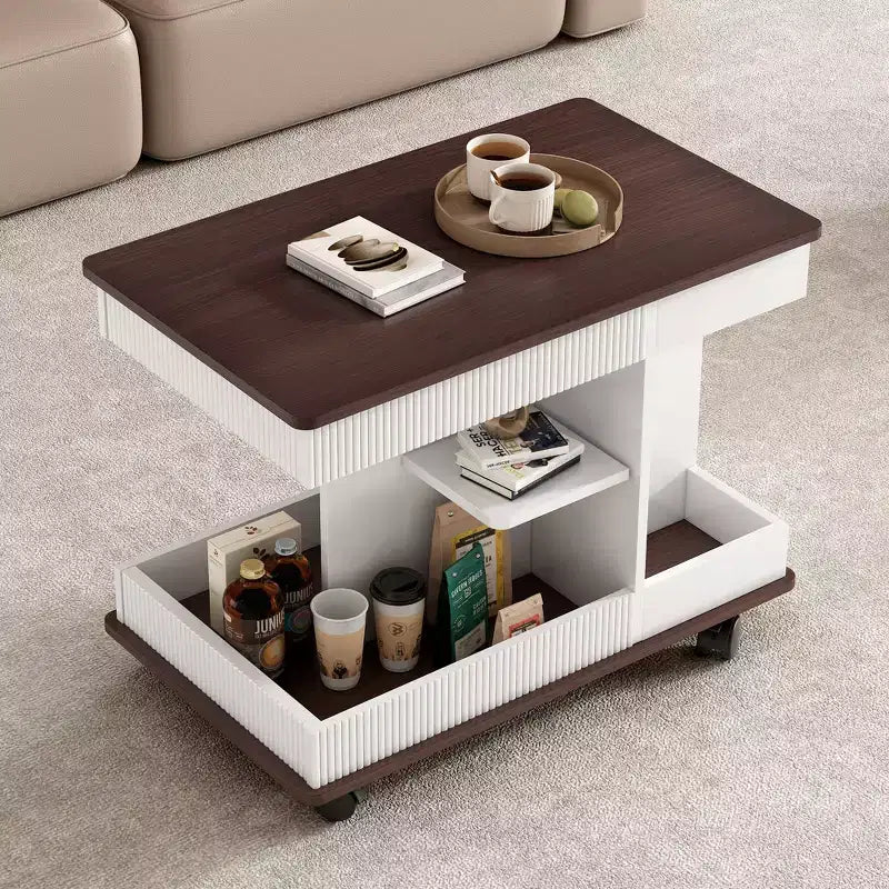 Table d'appoint moderne Okak avec roulettes, table d'appoint multifonctionnelle avec plateau relevable réglable à 360° et rangement, table d'appoint pour salon