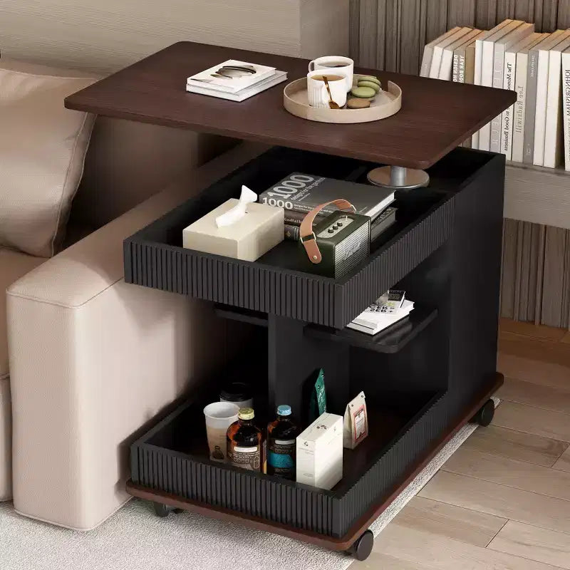 Table d'appoint moderne Okak avec roulettes, table d'appoint multifonctionnelle avec plateau relevable réglable à 360° et rangement, table d'appoint pour salon