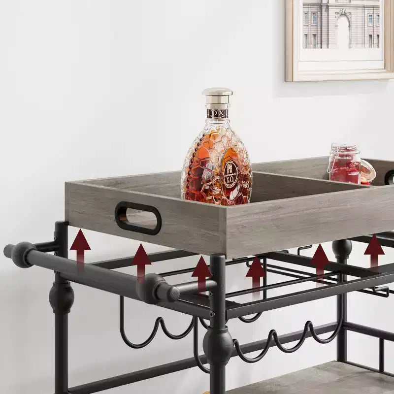 Chariot de bar, Chariots de bar pour la maison, Desserte à 3 niveaux avec roulettes, Chariots de bar et de service pour la maison, Desserte roulante en métal avec porte-bouteilles et plateau amovible
