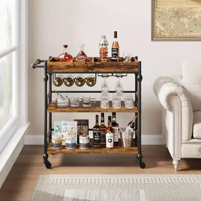 Chariot de bar, Chariots de bar pour la maison, Desserte à 3 niveaux avec roulettes, Chariots de bar et de service pour la maison, Desserte roulante en métal avec porte-bouteilles et plateau amovible
