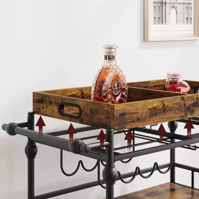 Chariot de bar, Chariots de bar pour la maison, Desserte à 3 niveaux avec roulettes, Chariots de bar et de service pour la maison, Desserte roulante en métal avec porte-bouteilles et plateau amovible