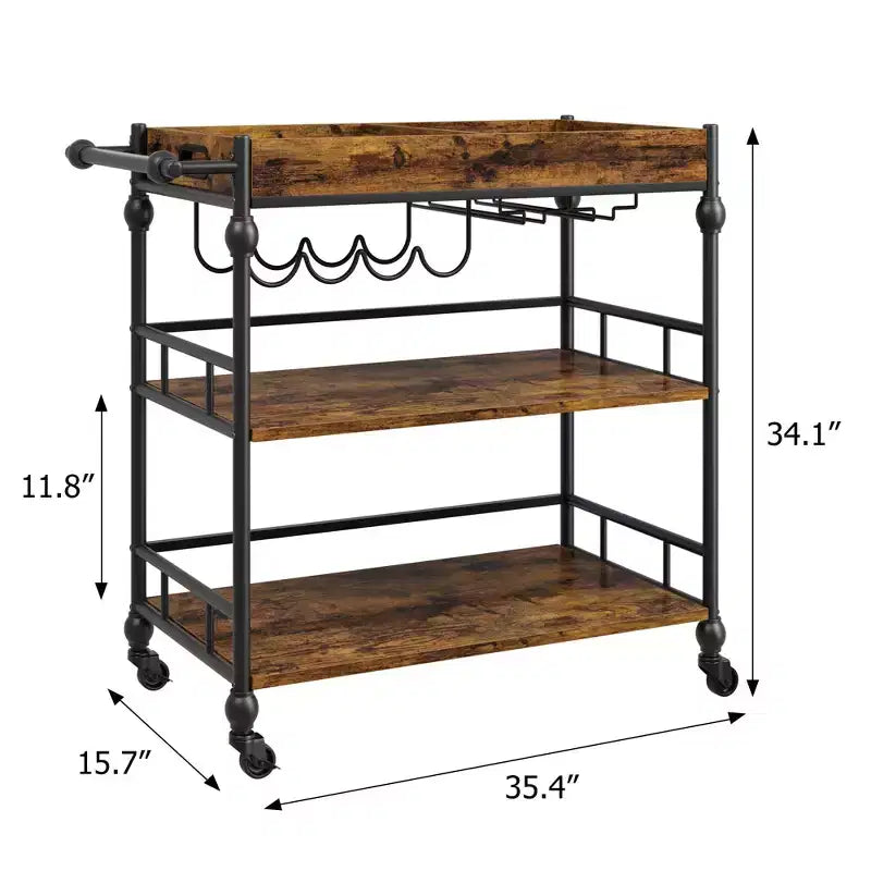 Chariot de bar, Chariots de bar pour la maison, Desserte à 3 niveaux avec roulettes, Chariots de bar et de service pour la maison, Desserte roulante en métal avec porte-bouteilles et plateau amovible