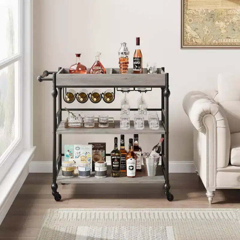 Chariot de bar, Chariots de bar pour la maison, Desserte à 3 niveaux avec roulettes, Chariots de bar et de service pour la maison, Desserte roulante en métal avec porte-bouteilles et plateau amovible