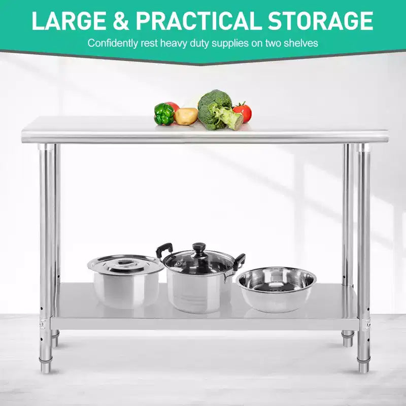 Table en acier inoxydable, table de préparation commerciale en métal robuste avec étagères ouvertes pour cuisines de restaurant, maison, hôtels, préparation des aliments