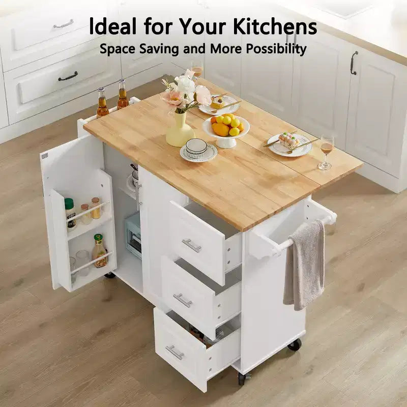 Îlot de cuisine moderne avec abattant, chariot de cuisine roulant avec 3 tiroirs, meuble de rangement, étagère tour