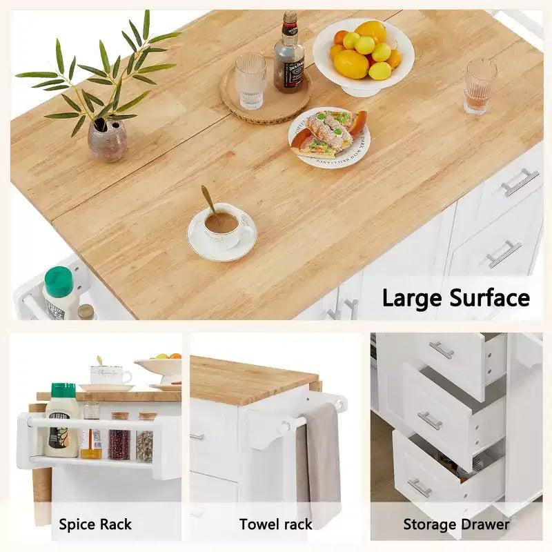 Îlot de cuisine moderne avec abattant, chariot de cuisine roulant avec 3 tiroirs, meuble de rangement, étagère tour