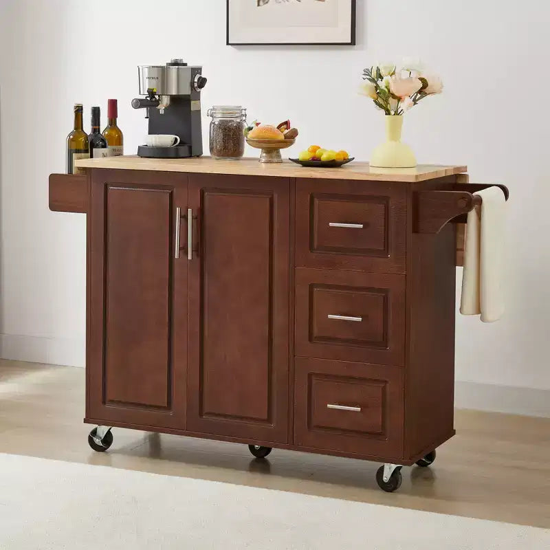 Îlot de cuisine moderne avec abattant, chariot de cuisine roulant avec 3 tiroirs, meuble de rangement, étagère tour
