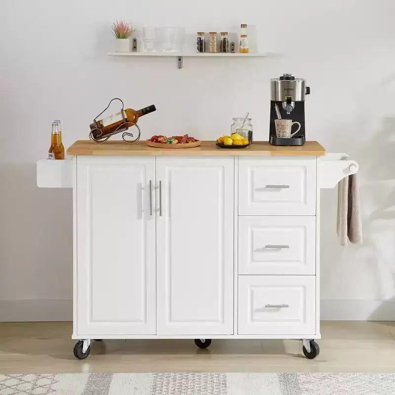 Îlot de cuisine moderne avec abattant, chariot de cuisine roulant avec 3 tiroirs, meuble de rangement, étagère tour
