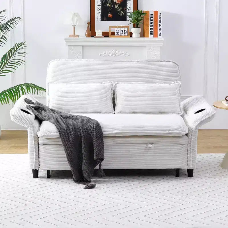MAYEERTY Canapé convertible multifonctionnel en tissu rayé beige à lettres pour chambre et salon