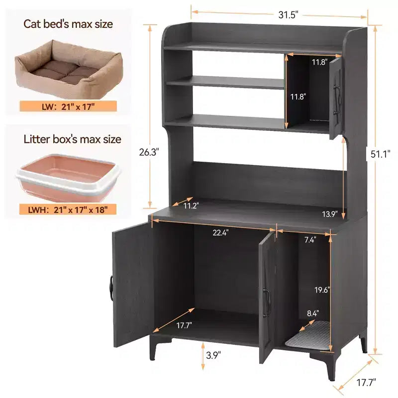 Meuble cache-litière en bois à trois portes avec bac à litière dissimulé et étagères de rangement, adapté à la plupart des bacs à litière.