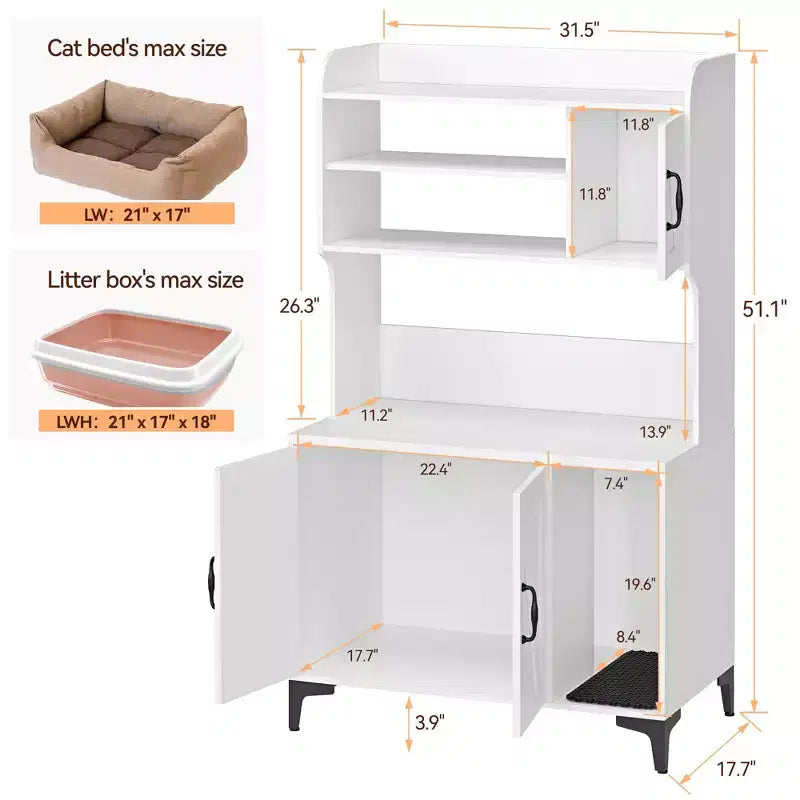 Meuble cache-litière en bois à trois portes avec bac à litière dissimulé et étagères de rangement, adapté à la plupart des bacs à litière.