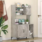 Three-door wooden litter box cabinet with hidden litter box and storage shelves, suitable for most litter boxes.