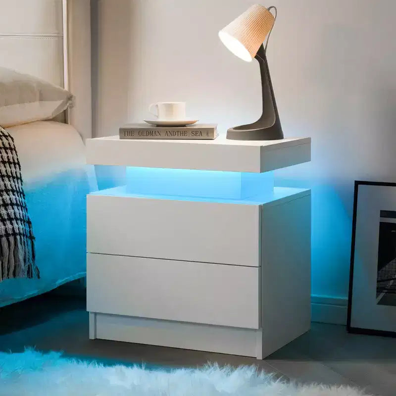 Table de chevet avec lumières, bout de canapé, meuble de rangement moderne avec 2 tiroirs pour chambre à coucher (Blanc)