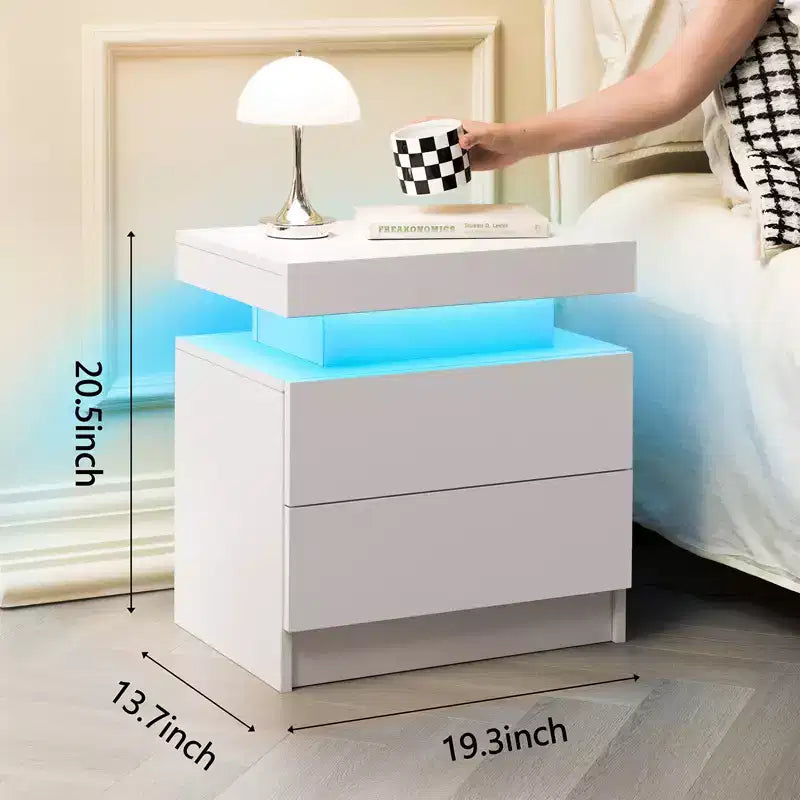 Table de chevet avec lumières, bout de canapé, meuble de rangement moderne avec 2 tiroirs pour chambre à coucher (Blanc)
