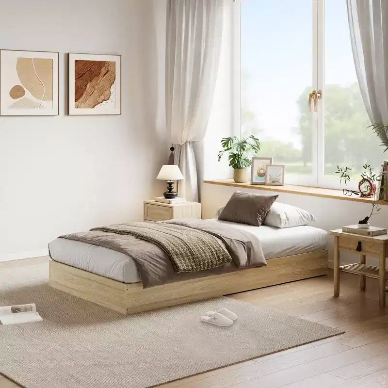Lit plateforme double en bois, lattes en bois massif, cadre de lit au sol, design minimaliste moderne, gain de place, sommier tapissier non requis